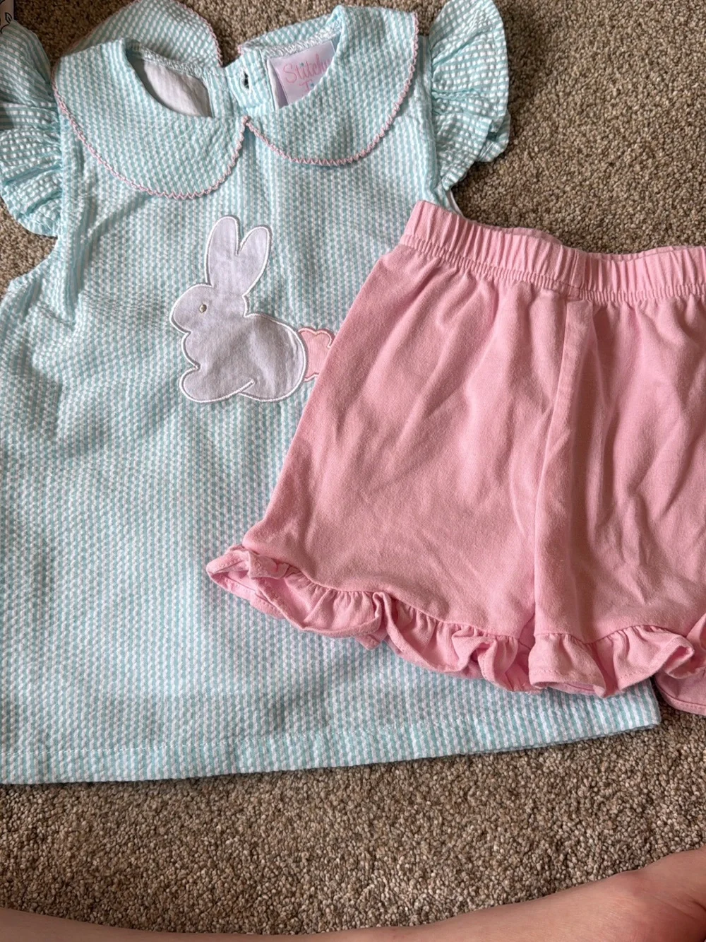 Girls Mint Bunny Top & Pink Ruffle Shorts Matching Set